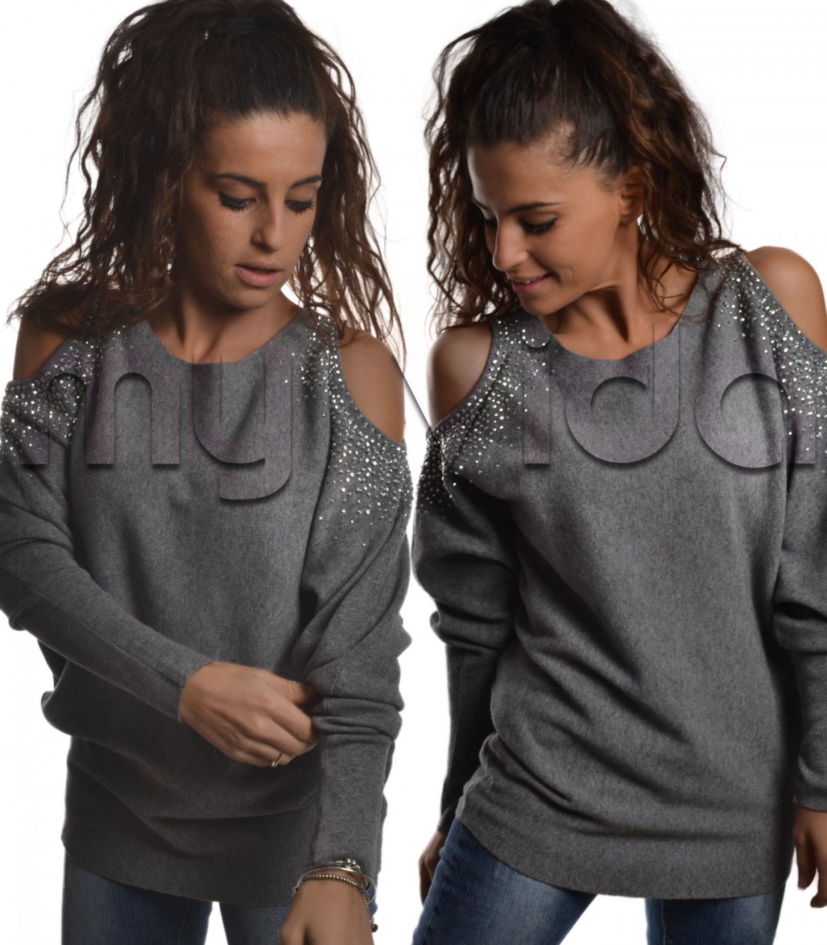 Maglione donna pullover maglia maniche pipistrello strass elastico nuovo 8855 