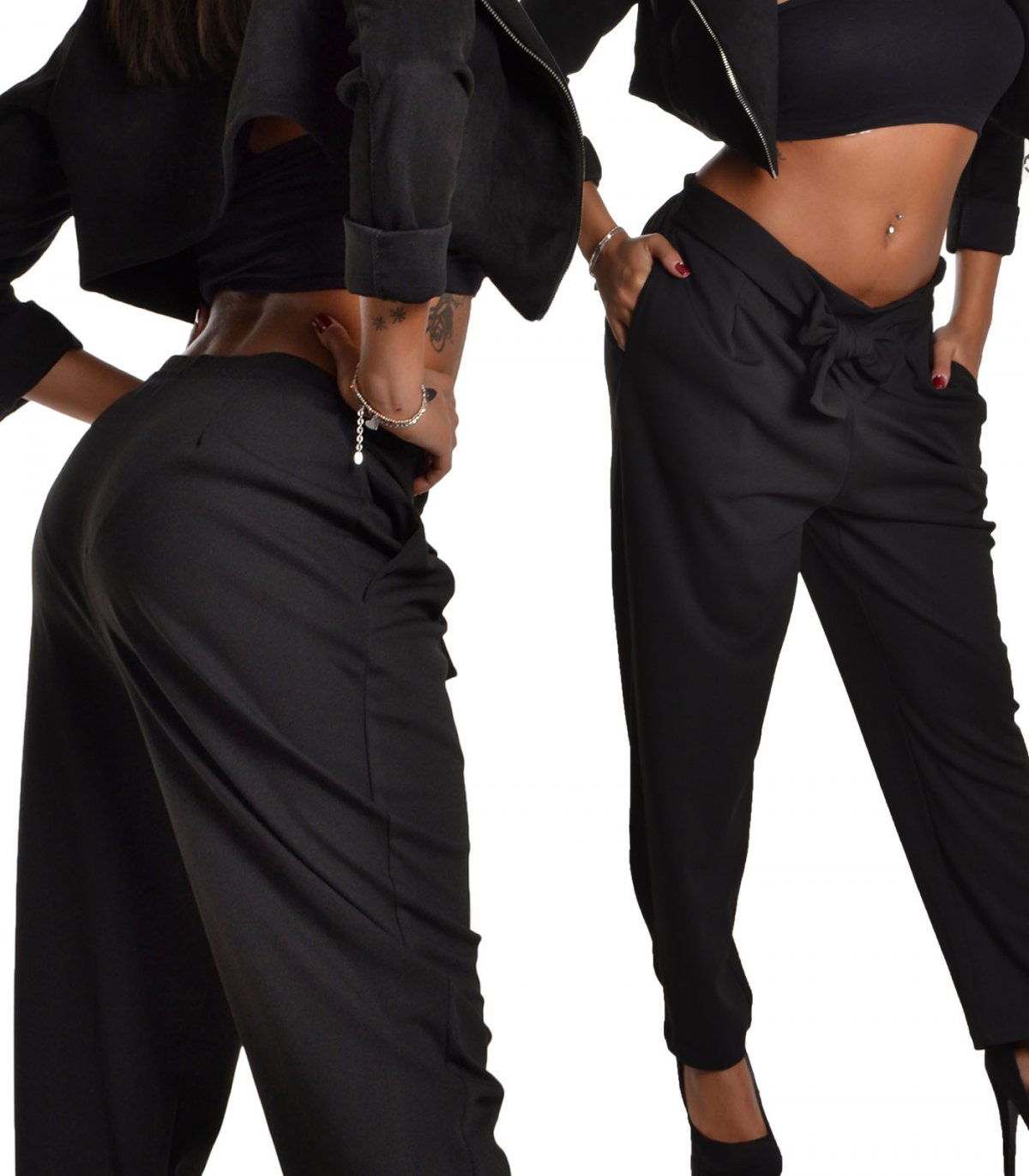 Pantaloni donna neri con fiocco